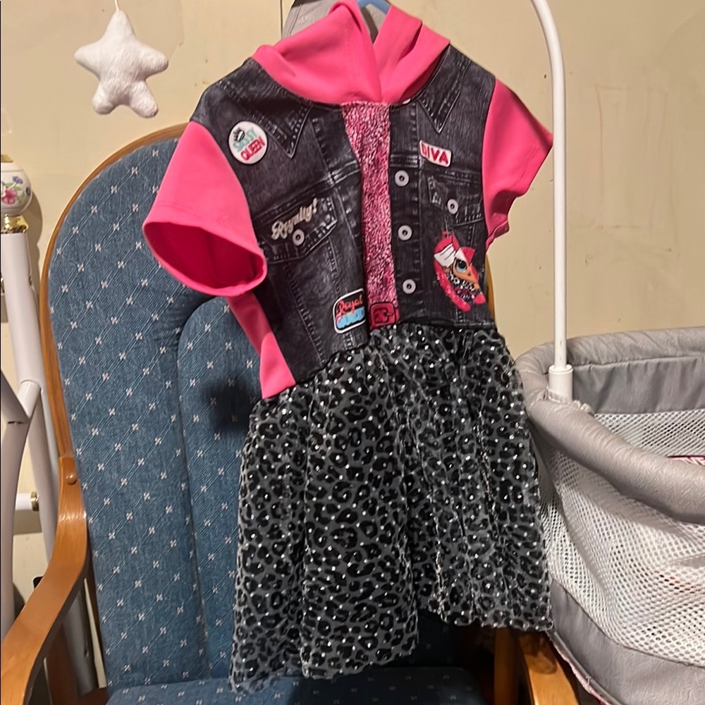 Girls' Pink and Black Dress with Denim Vest Design